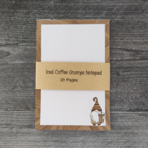 A brown border notepad with an iced coffee gnome in the bottom right corner