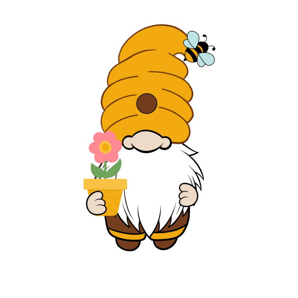 A gnome in a yellow beehive hat holding a pink flower in a yellow pot.