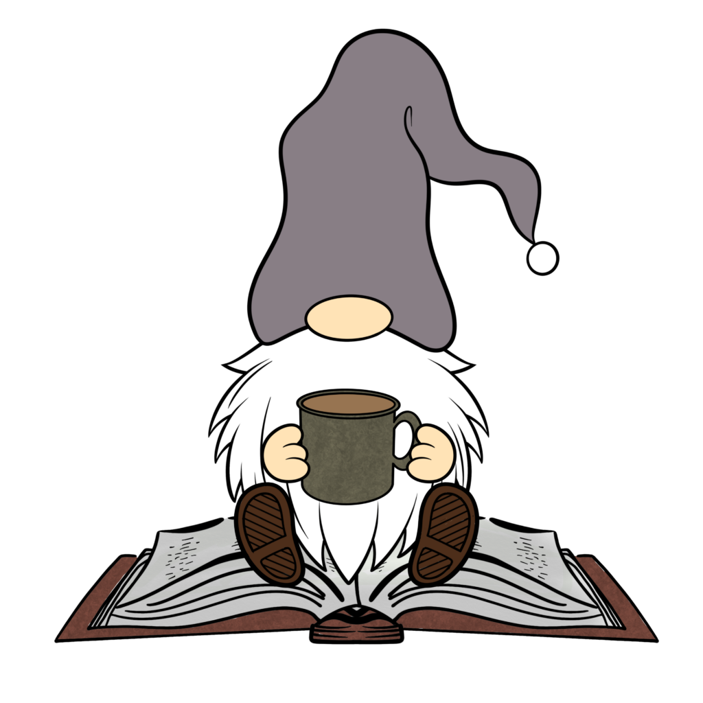 A gnome wearing a blue-grey hat holding a coffee mug. He is sitting on an open book.
