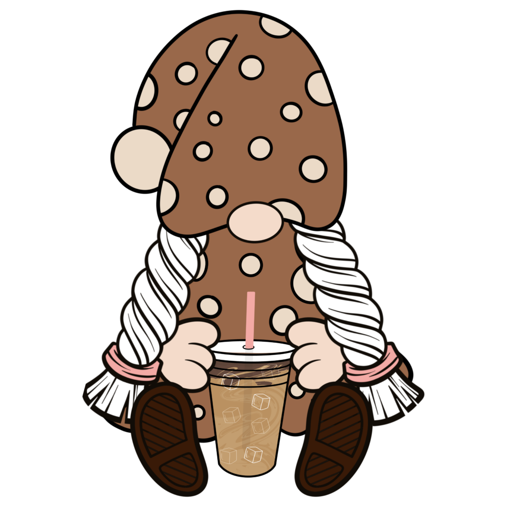 A girl gnome in a light brown and cream polka dot dress and hat. She is holding an iced coffee.