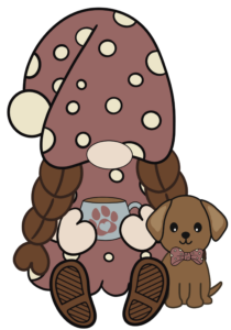 A girl gnome wearing a maroon and cream polka dot hat and dress. She is sitting next to a brown dog.