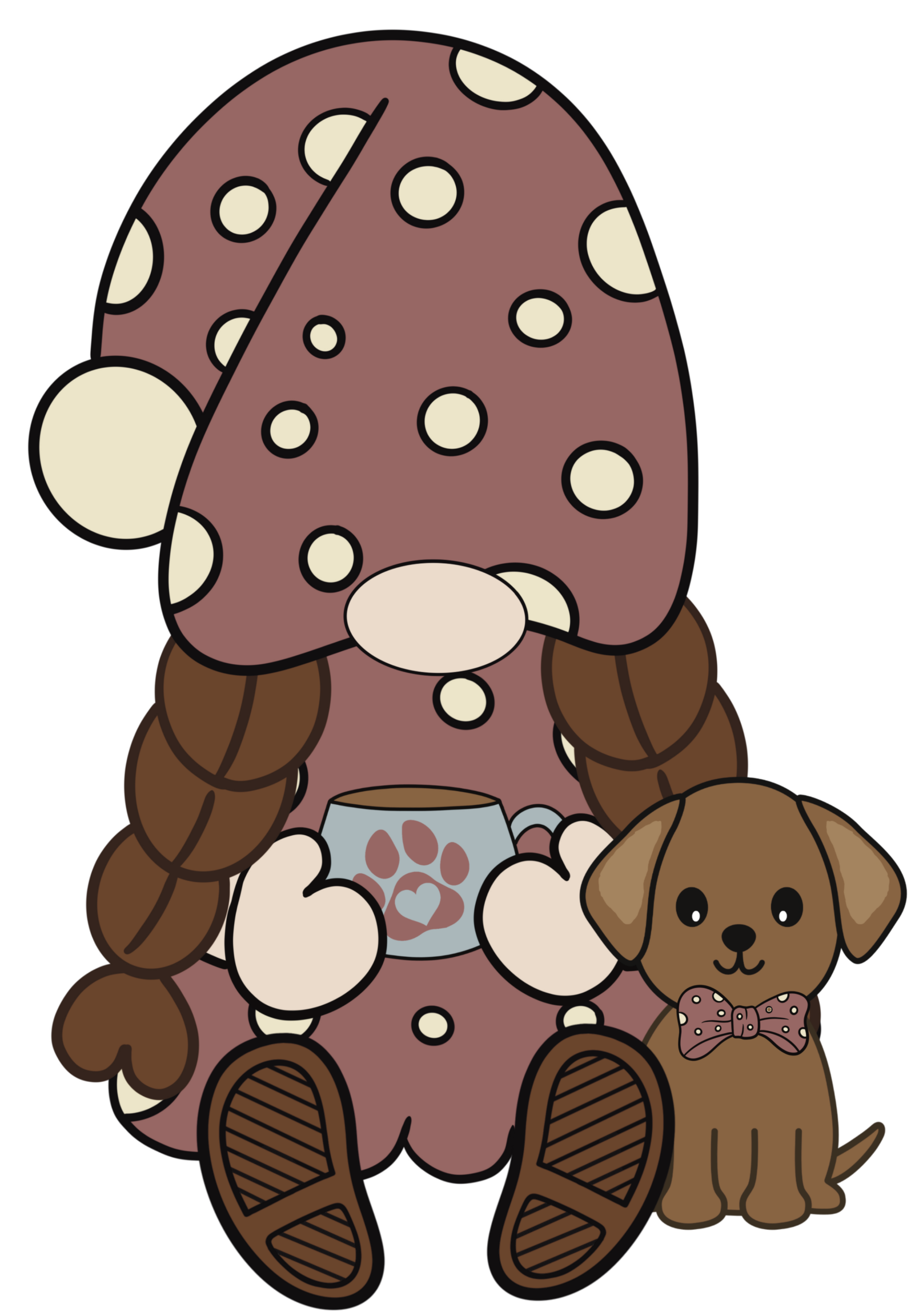 A girl gnome wearing a maroon and cream polka dot hat and dress. She is sitting next to a brown dog.