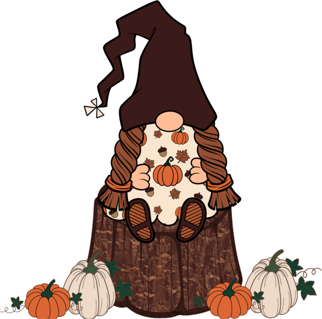 A girl gnome in a fall dress sitting on a log with pumpkins