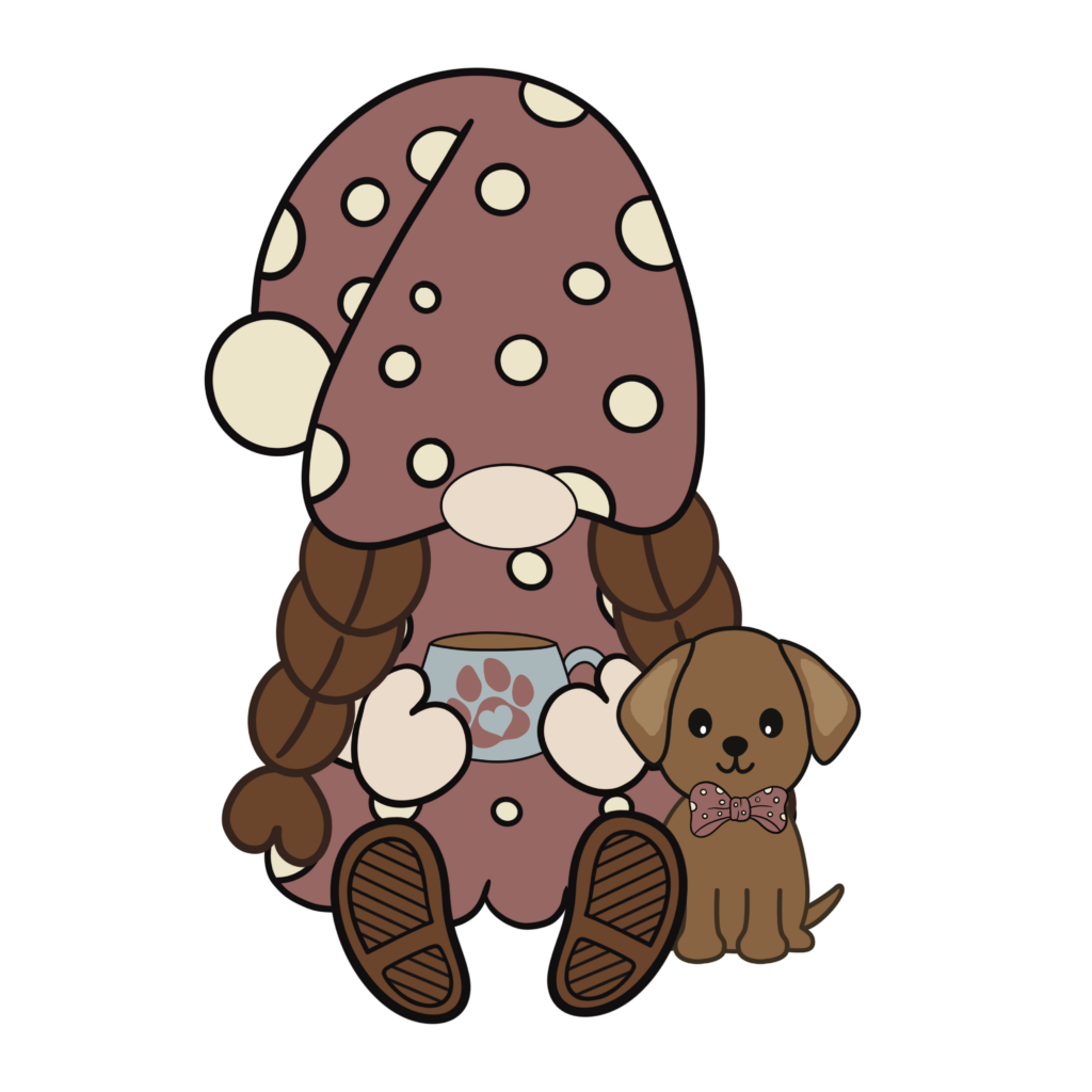 A girl gnome in a maroon and cream polka dot hat is sitting next to a brown dog.