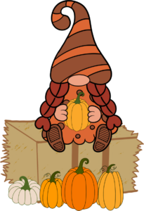 A girl gnome in brown and orange sitting on a haystack holding a pumpkin.
