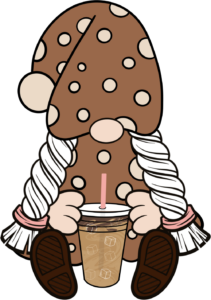 A girl gnome in a brown and cream polka dot dress holding an iced coffee.