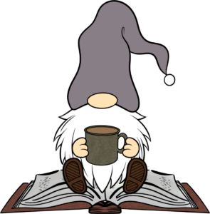 A gnome in a blue hat sitting on a book holding a green coffee mug.