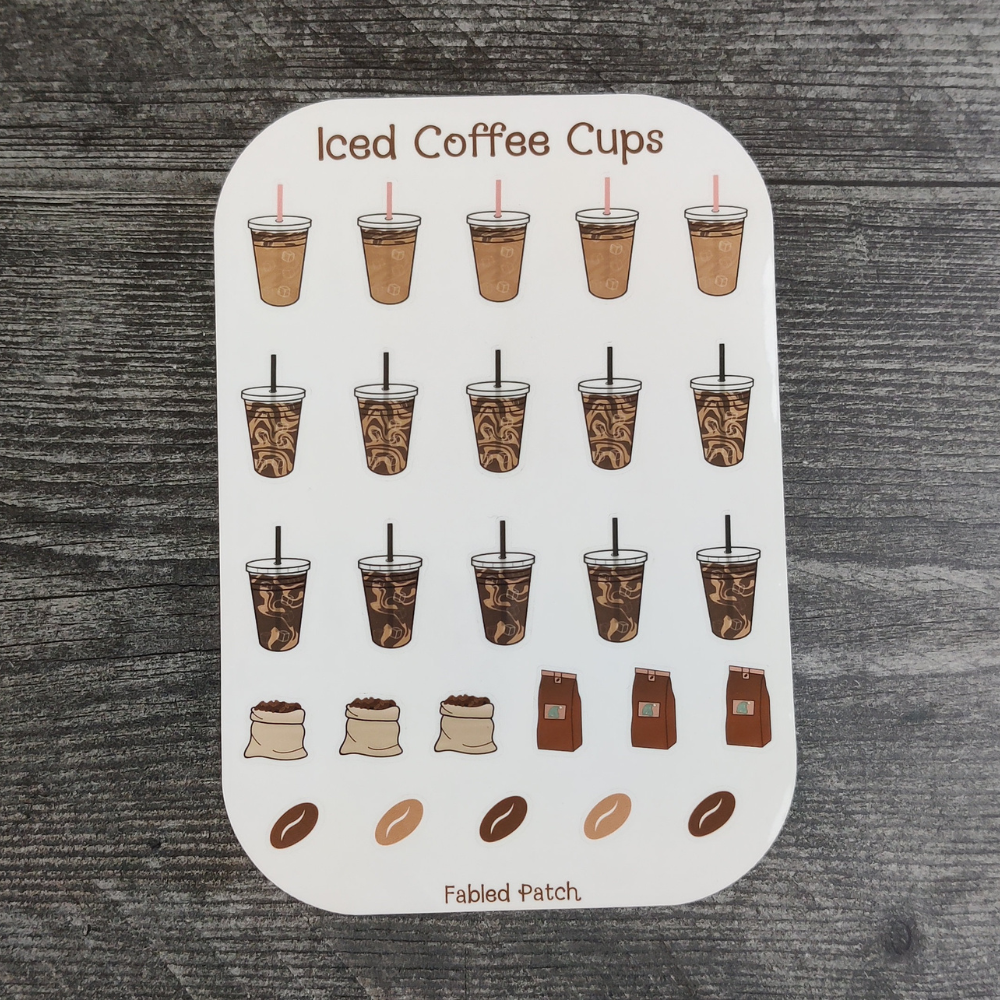 A sticker sheet featuring 15 iced coffee cups with straws, three coffee bean sacks, three bags of coffee, and five individual coffee beans.