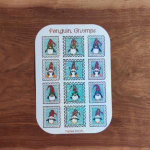 A rectangular sticker sheet featuring twelve individual postage stamp-style designs, each displaying 4 unique penguin gnome character. The sticker sheet has a sparkle laminate.