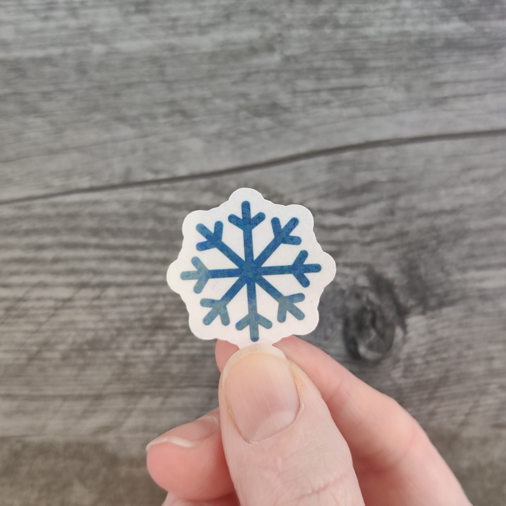 A hand holding a blue snowflake sticker with a white background.