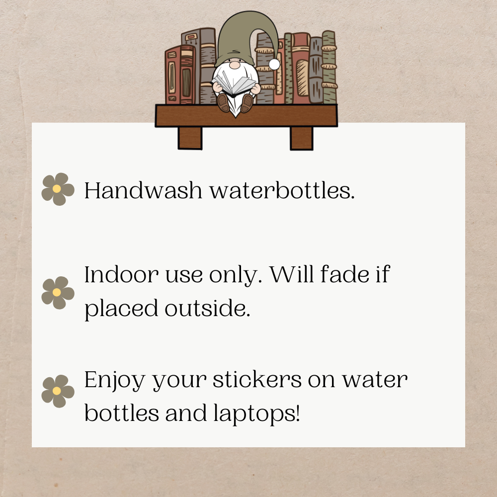 A gnome sitting on a bookshelf with sticker care instructions listed below.
